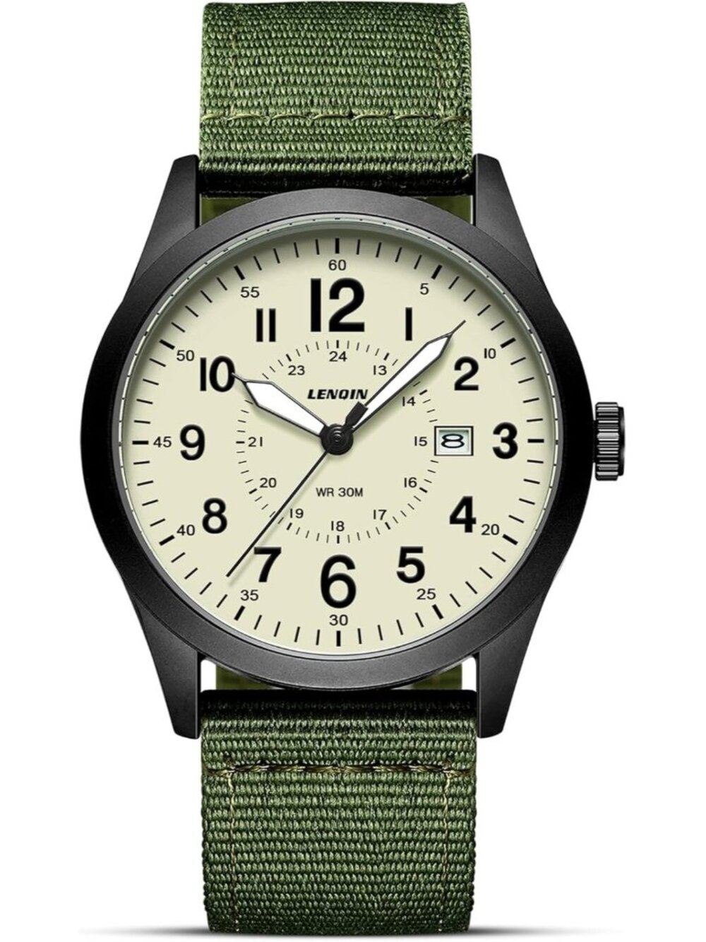 LN LENQIN Men's Green Classic Military Analog Quartz Waterproof Nylon Band Watch